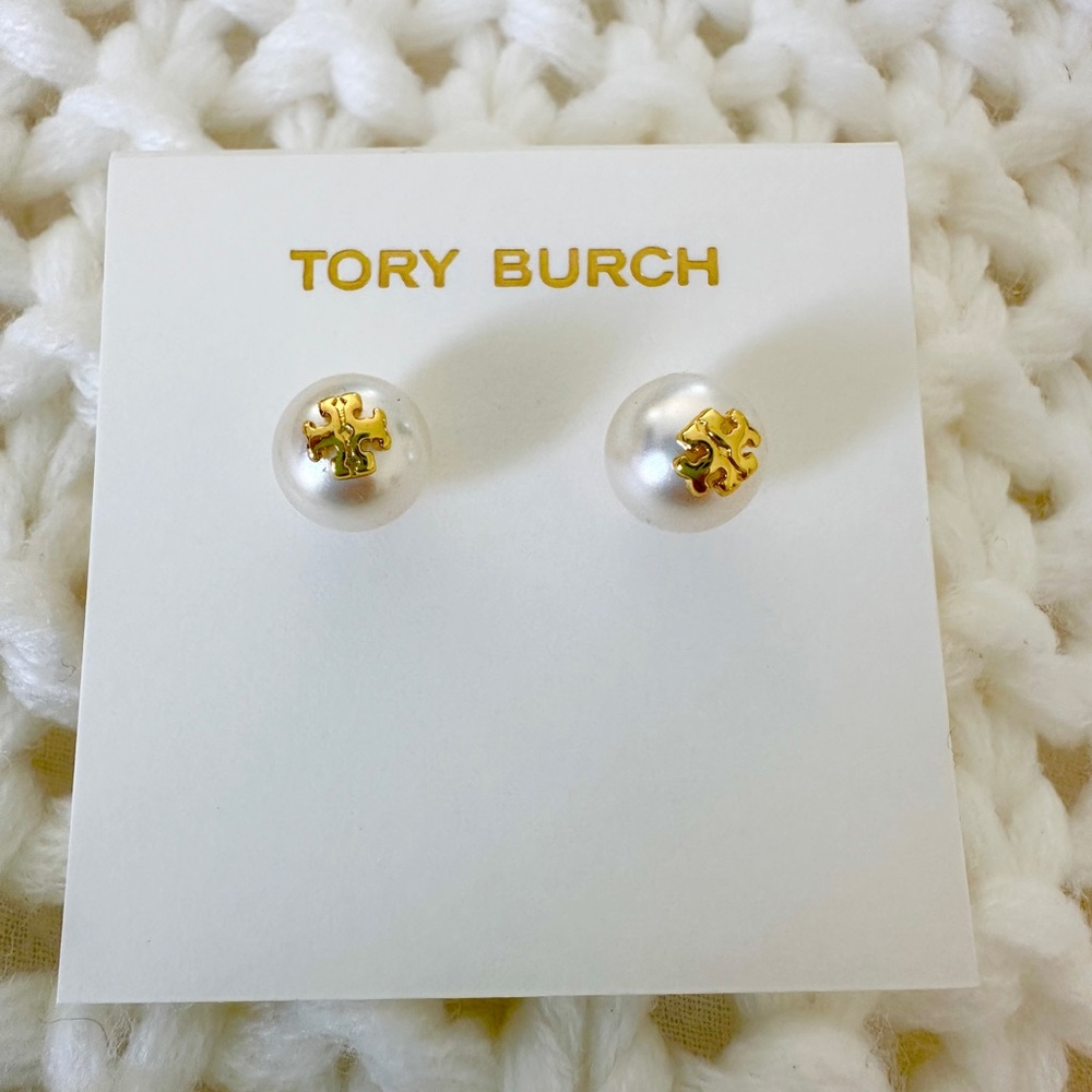 Tory Burch Gold Logo on Pearl Earrings